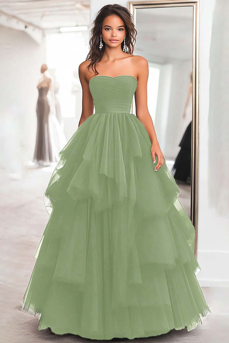 Load image into Gallery viewer, Black Strapless Tulle Tiered Floor Length Prom Dress