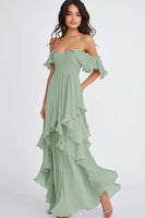 Load image into Gallery viewer, Dusty Blue Ruffled Off the Shoulder Long Formal Dress