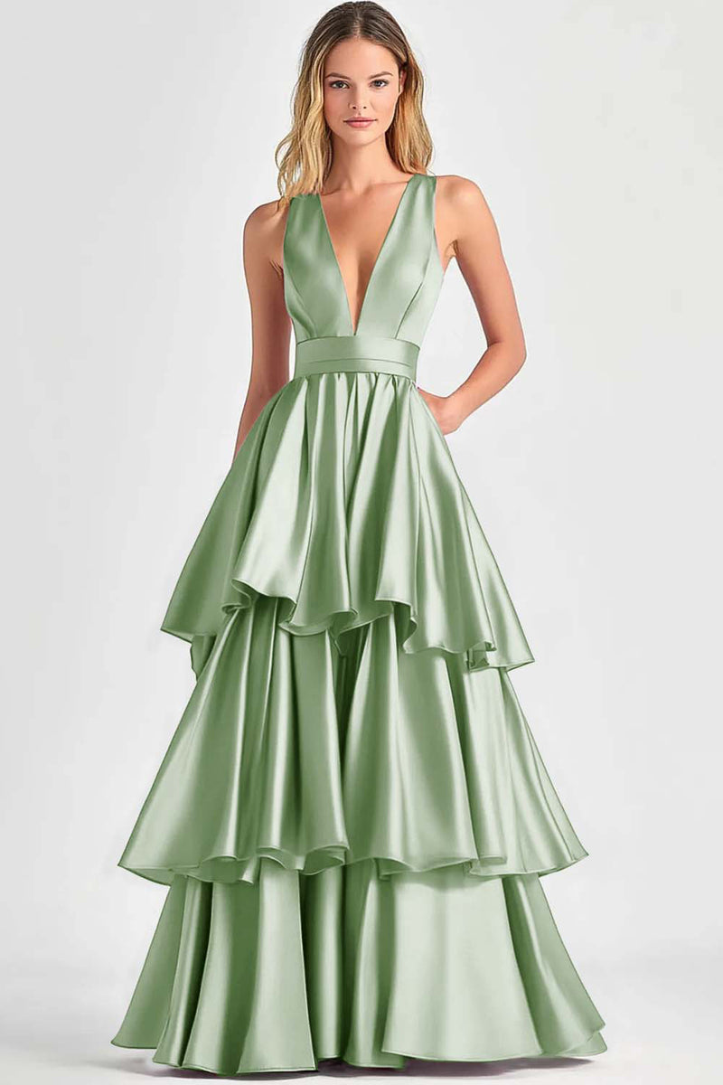 Load image into Gallery viewer, Dusty Sage A Line V-Neck Tiered Satin Long Formal Dress