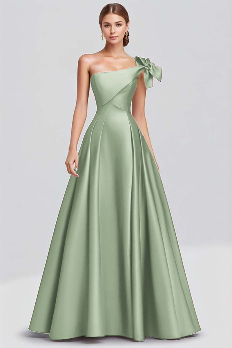 Load image into Gallery viewer, Ball Gown Dusty Sage One Shoulder Satin Long Formal Dress
