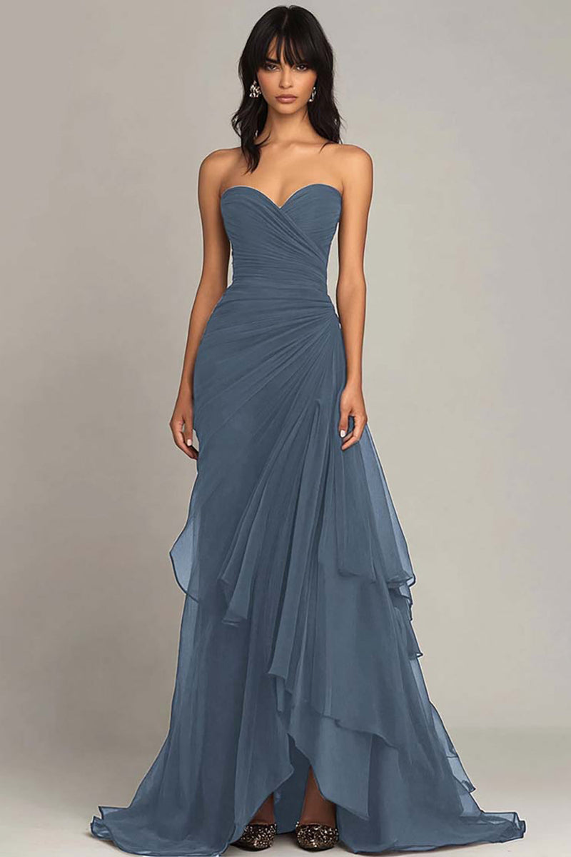 Load image into Gallery viewer, Women Dusty Blue Sheath Chiffon Formal Dress Strapless Sweetheart Black Tie Dress Tiered Ruched Long Evening Dress