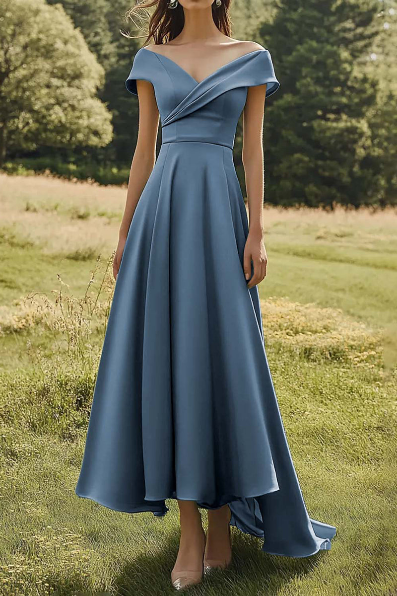 Load image into Gallery viewer, Sage Off the Shoulder A Line Satin Long Formal Dress