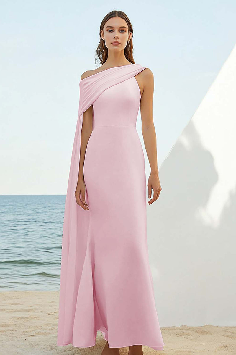Load image into Gallery viewer, Dusty Rose Sheath Chiffon Long Engagement Dress with Cape