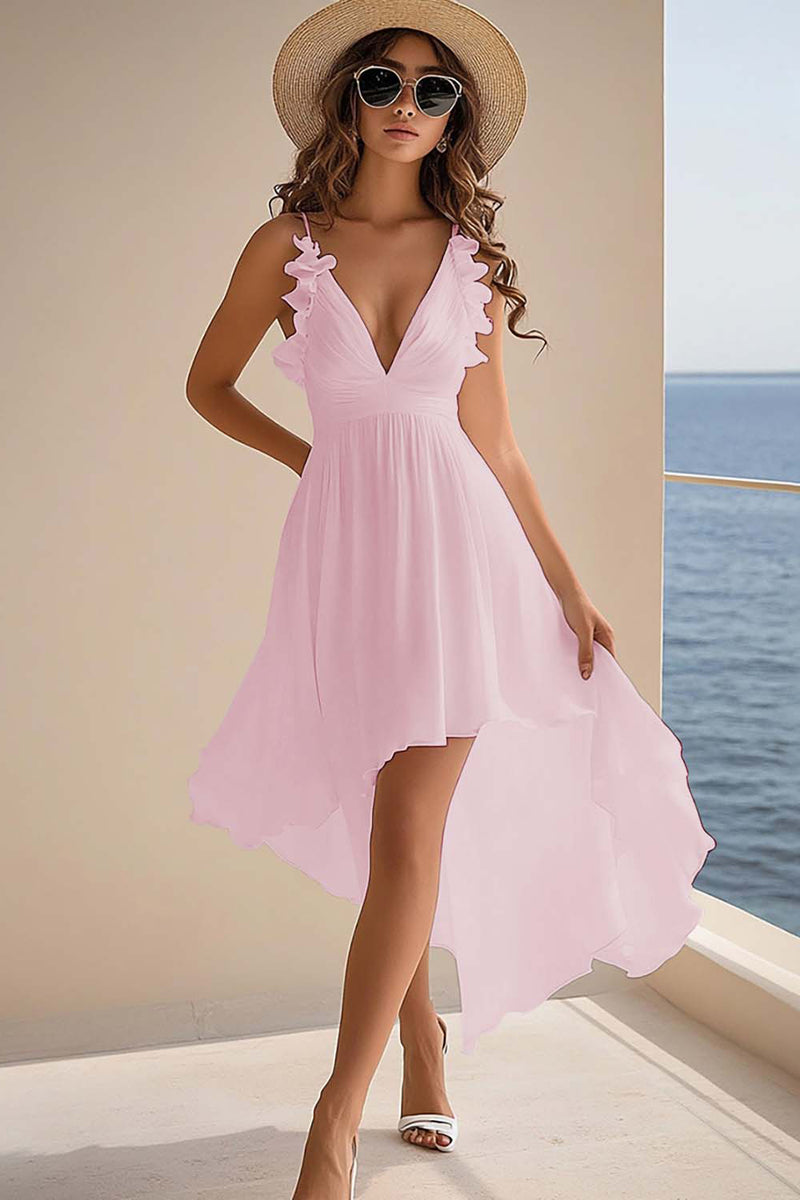 Load image into Gallery viewer, Women Dusty Rose Chiffon High-Low Boho Dress with Ruffles A Line Spaghetti Straps Party Dress
