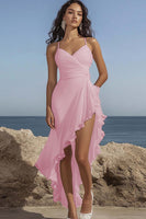 Load image into Gallery viewer, Dusty Rose Chiffon Ruffled V-Neck High-Low Formal Dress