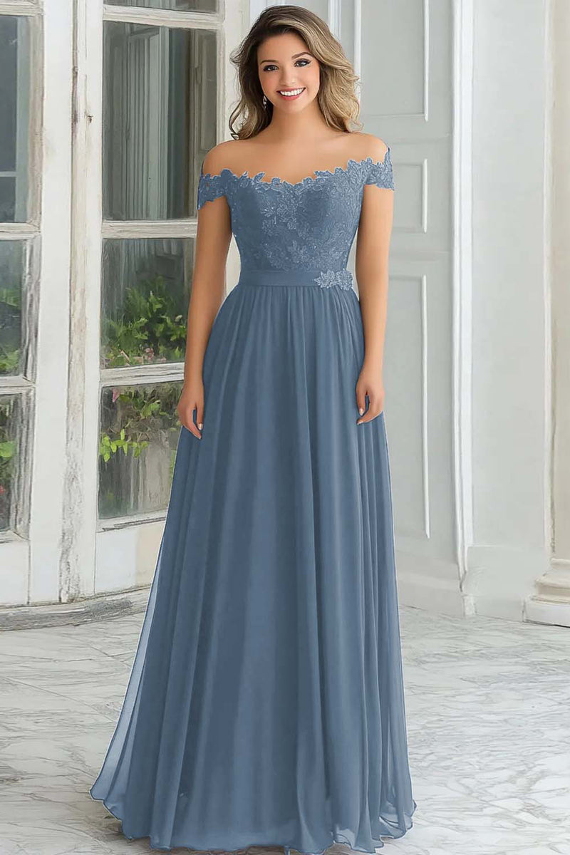 Load image into Gallery viewer, Floral Off the Shoulder Navy Mother of the Bride Dress