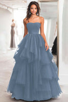 Load image into Gallery viewer, Black Strapless Tulle Tiered Floor Length Prom Dress