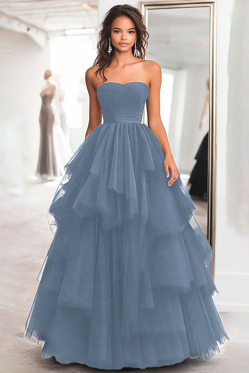 Load image into Gallery viewer, Black Strapless Tulle Tiered Floor Length Prom Dress
