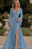 Load image into Gallery viewer, Dark Grey A Line Ruched Long Chiffon Mother of the Bride Dress with Slit