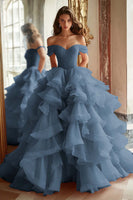Load image into Gallery viewer, Princess Ball Gown Dusty Blue Off the Shoulder Long Tulle Prom Dress