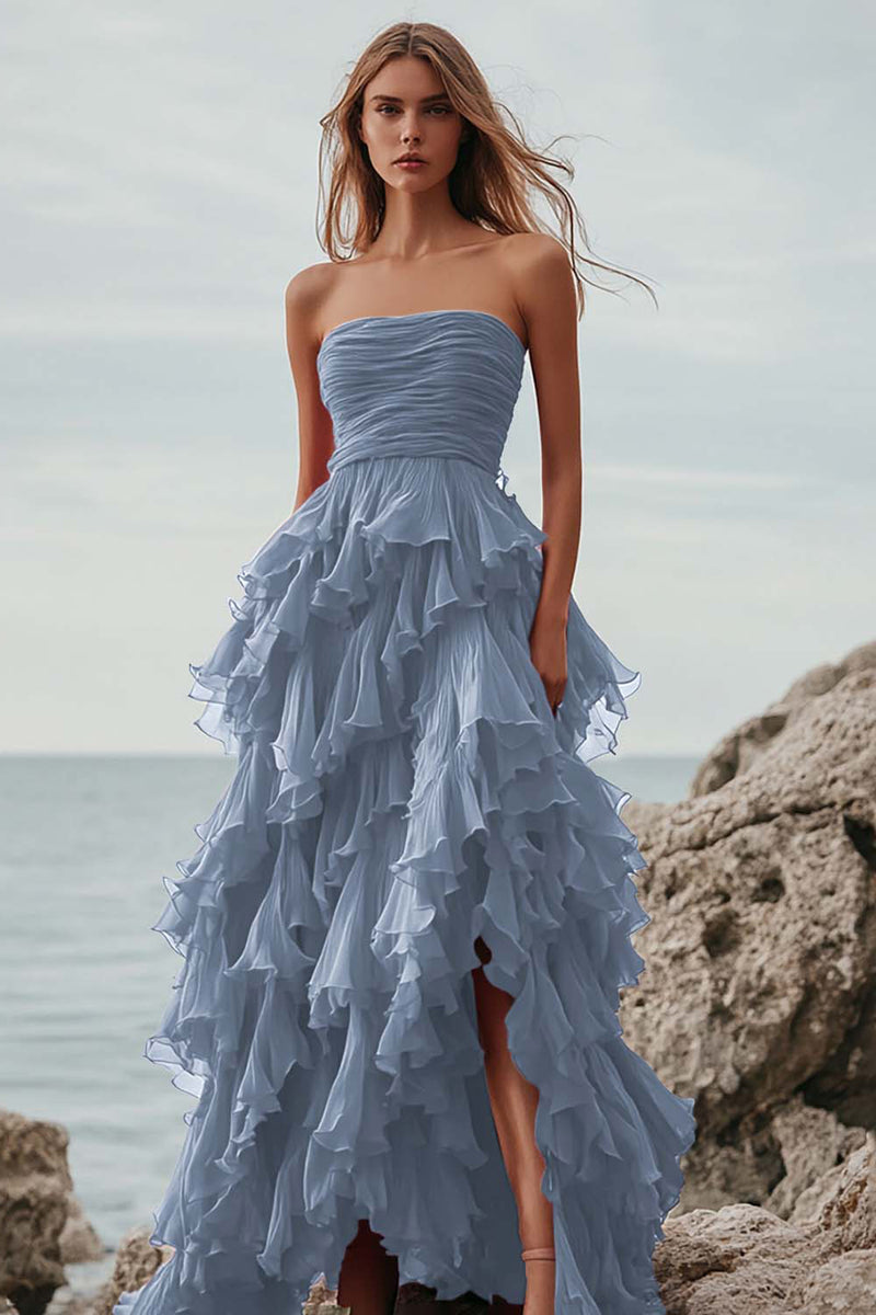 Load image into Gallery viewer, Fuchsia Tulle A Line Tiered Ruched Long Formal Dress