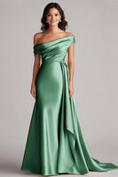Load image into Gallery viewer, Dusty Blue Off the Shoulder Long Streamer Formal Dress