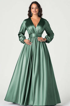Dusty Sage Long Sleeves Satin V-Neck Mother of the Bride Dress