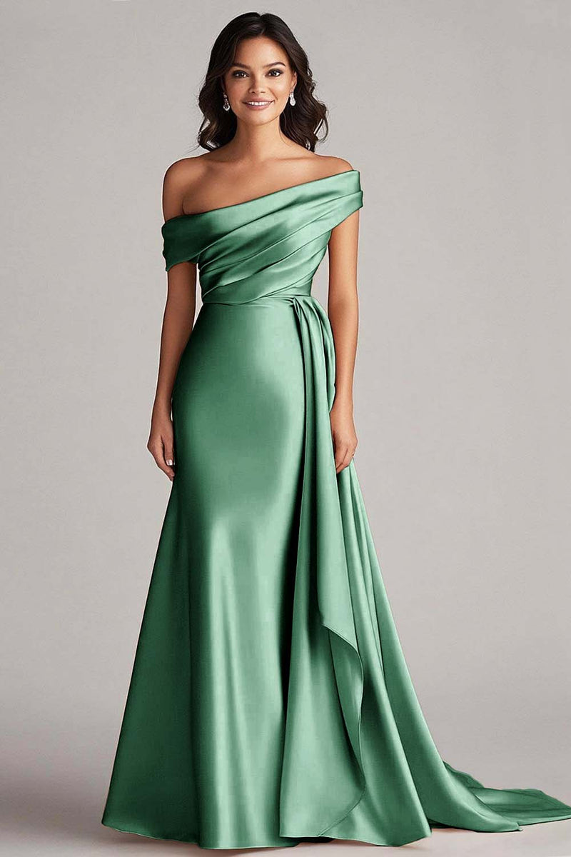 Load image into Gallery viewer, Elegant Off the Shoulder Eucalyptus Long Formal Dress with Side Cape