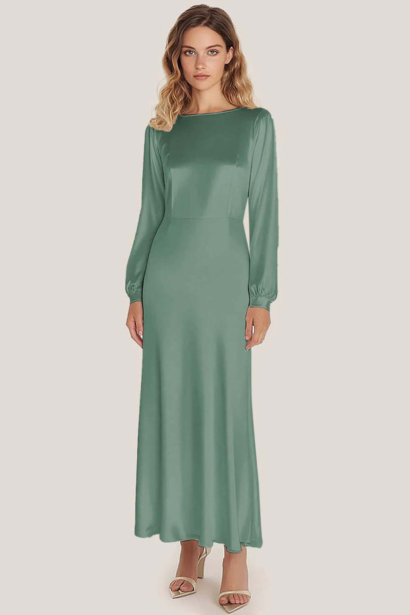 Load image into Gallery viewer, Dusty Sage Satin Long Scoop Formal Dress with Sleeves