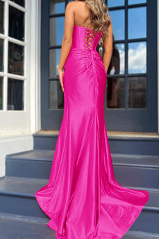 Fuchsia Mermaid Ruched Long Corset Prom Dress with Slit