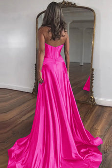 Fuchsia A-Line Corset Satin Long Prom Dress with Slit
