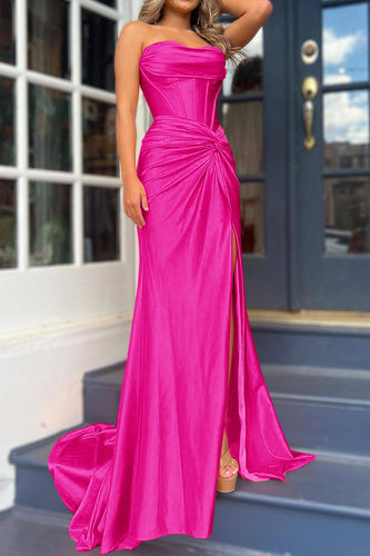 Fuchsia Mermaid Ruched Long Corset Prom Dress with Slit