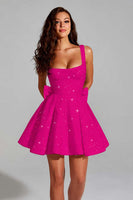 Load image into Gallery viewer, Sparkly Black Square Neck A Line Short Prom Dress with Bow