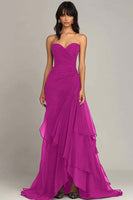 Load image into Gallery viewer, Women Fuchsia Chiffon Formal Dress Sheath Sweetheart Tiered Wedding Guest Dress Strapless Ruched Long Black Tie Dress