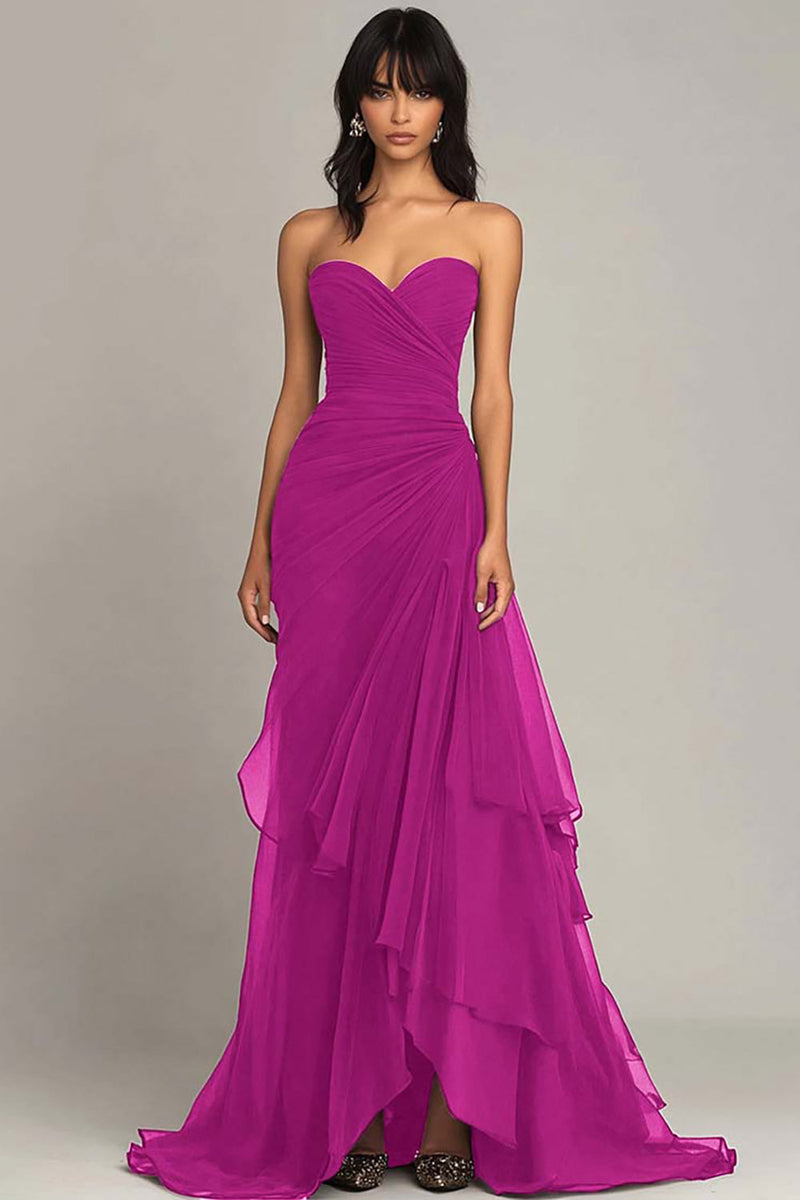 Load image into Gallery viewer, Women Fuchsia Chiffon Formal Dress Sheath Sweetheart Tiered Wedding Guest Dress Strapless Ruched Long Black Tie Dress