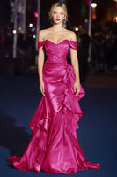 Load image into Gallery viewer, Dark Green Mermaid Off the Shoulder Long Gala Dress with Ruffles
