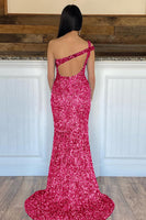 Load image into Gallery viewer, Mermaid One Shoulder Dark Green Sequins Long Prom Dress