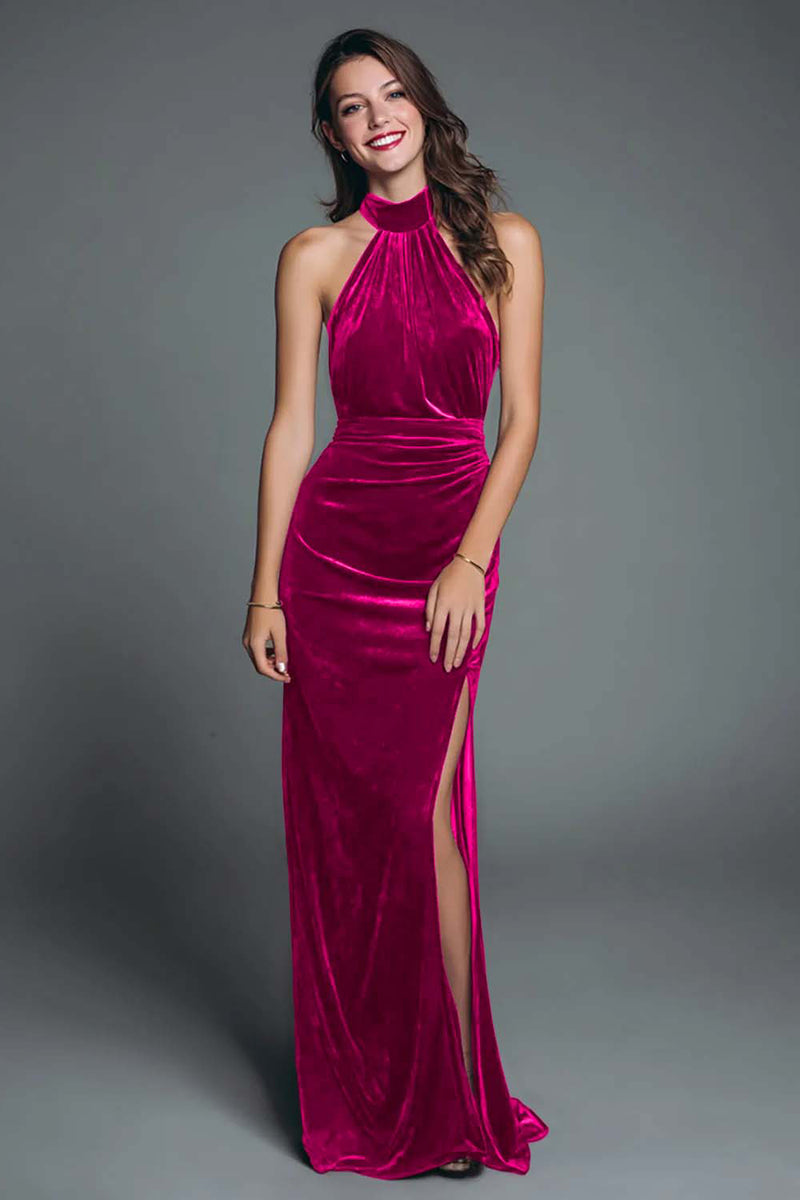 Load image into Gallery viewer, Burgundy Mermaid Halter Velvet Ruched Long Holiday Party Dress with Slit