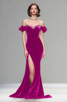 Load image into Gallery viewer, Sparkly Burgundy Mermaid Velvet Long Holiday Party Dress with Beading