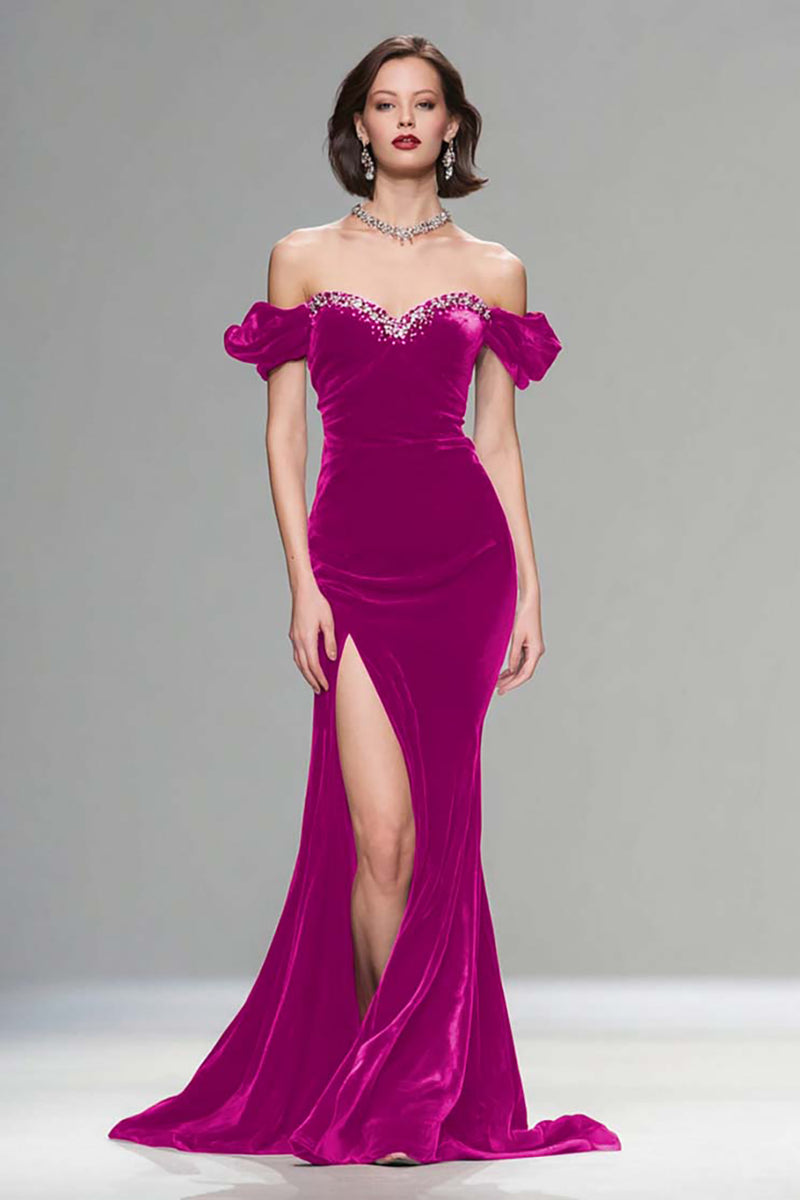 Load image into Gallery viewer, Sparkly Burgundy Mermaid Velvet Long Holiday Party Dress with Beading