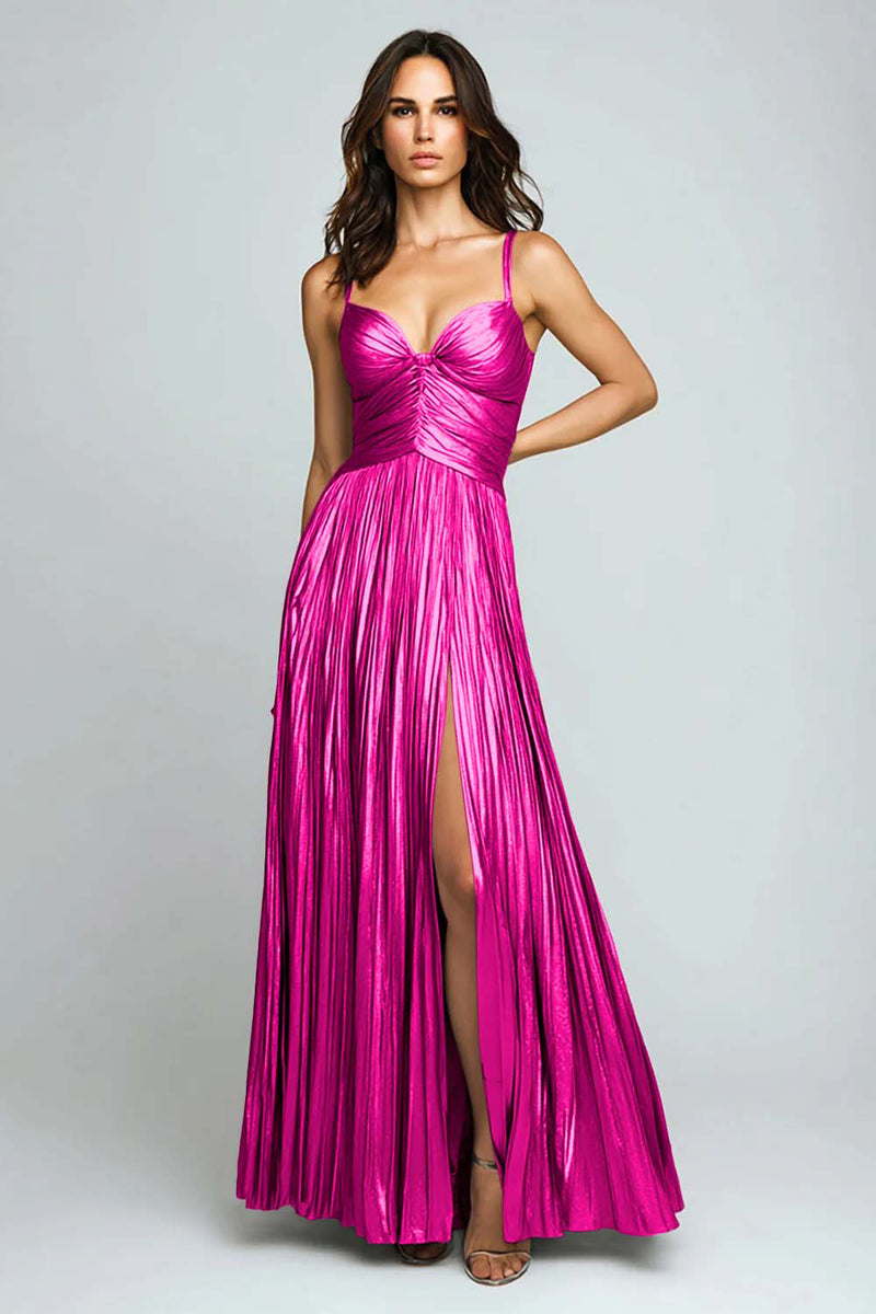 Load image into Gallery viewer, Silver Metallic Spaghetti Straps Pleated Long Formal Dress with Slit