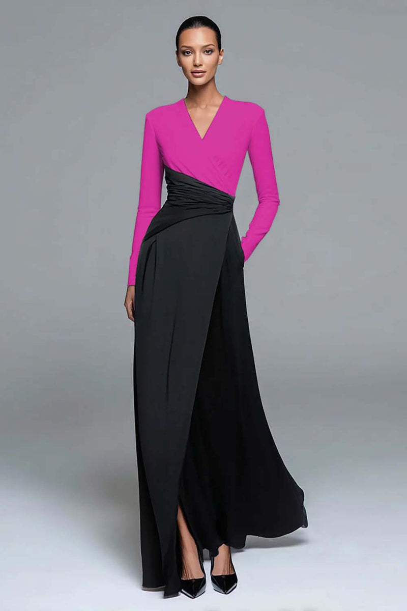 Load image into Gallery viewer, Black and White Patchwork Long Sleeves V-Neck Formal Dress with Pockets