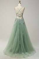 Load image into Gallery viewer, Spaghetti Straps Dark Green Lace-Up Back Long Prom Dress with Appliques