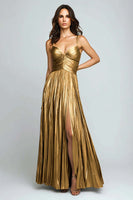 Load image into Gallery viewer, Silver Metallic Spaghetti Straps Pleated Long Formal Dress with Slit