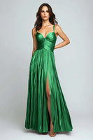 Load image into Gallery viewer, Silver Metallic Spaghetti Straps Pleated Long Formal Dress with Slit