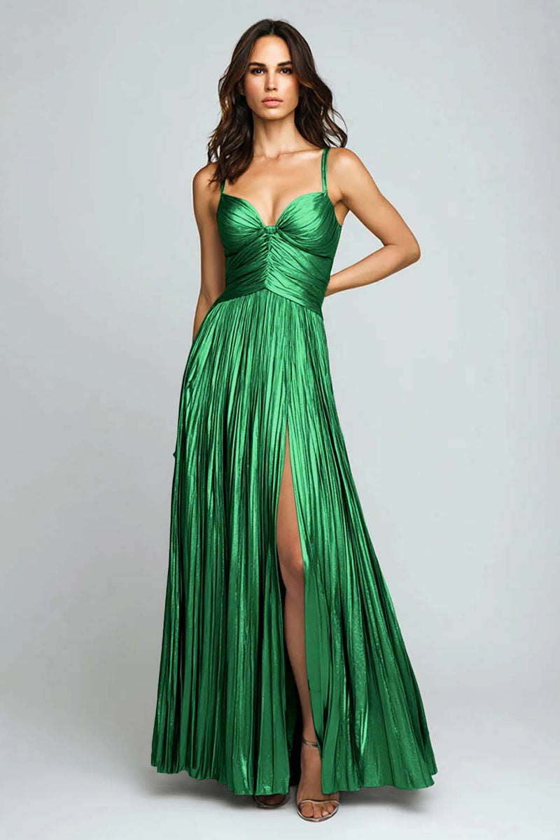 Load image into Gallery viewer, Silver Metallic Spaghetti Straps Pleated Long Formal Dress with Slit