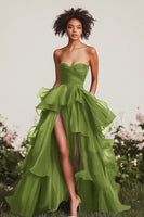 Load image into Gallery viewer, Dark Green Ruched Tiered Strapless Long Formal Dress with Slit