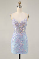 Load image into Gallery viewer, Sparkly Blue Spaghetti Straps Corset Lace Short Prom Dress
