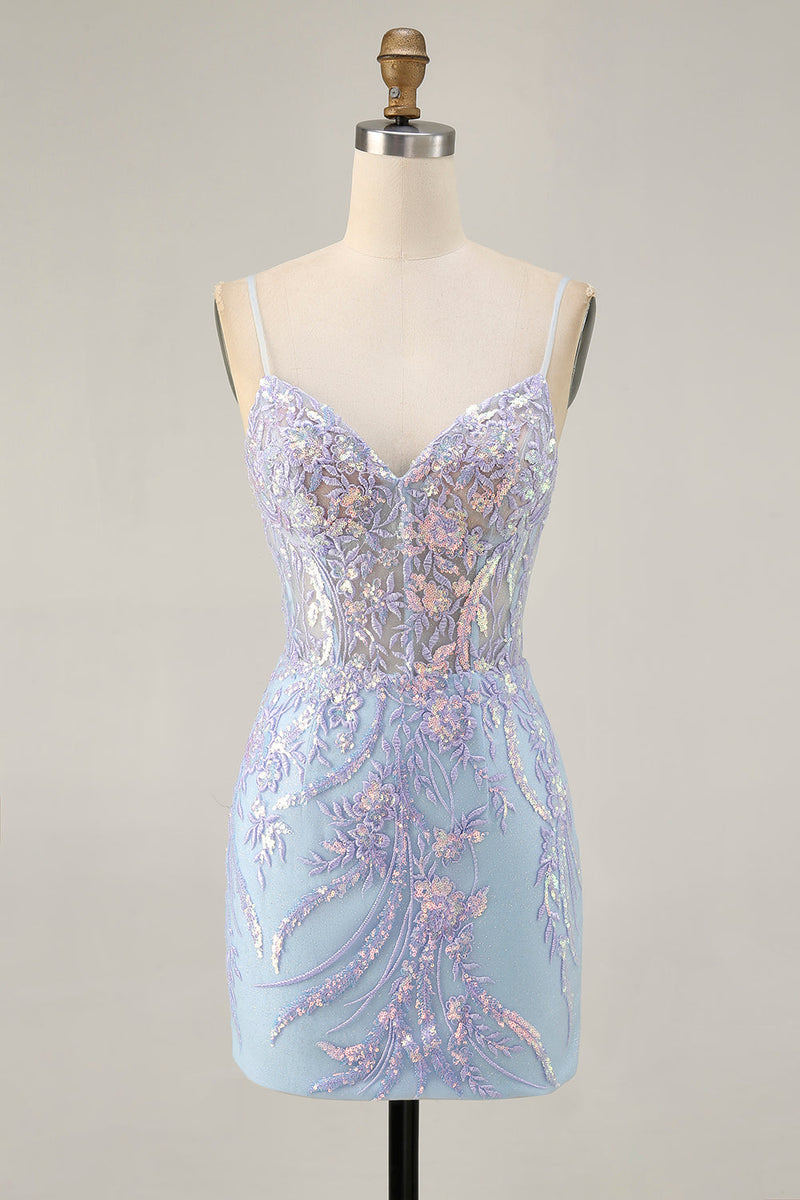 Load image into Gallery viewer, Sparkly Blue Spaghetti Straps Corset Lace Short Prom Dress