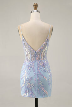 Sparkly Blue Spaghetti Straps Corset Lace Short Prom Dress