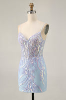 Load image into Gallery viewer, Sparkly Blue Spaghetti Straps Corset Lace Short Prom Dress