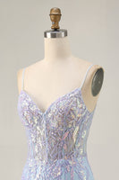 Load image into Gallery viewer, Sparkly Blue Spaghetti Straps Corset Lace Short Prom Dress