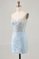 Load image into Gallery viewer, Sparkly Blue Spaghetti Straps Corset Lace Short Prom Dress