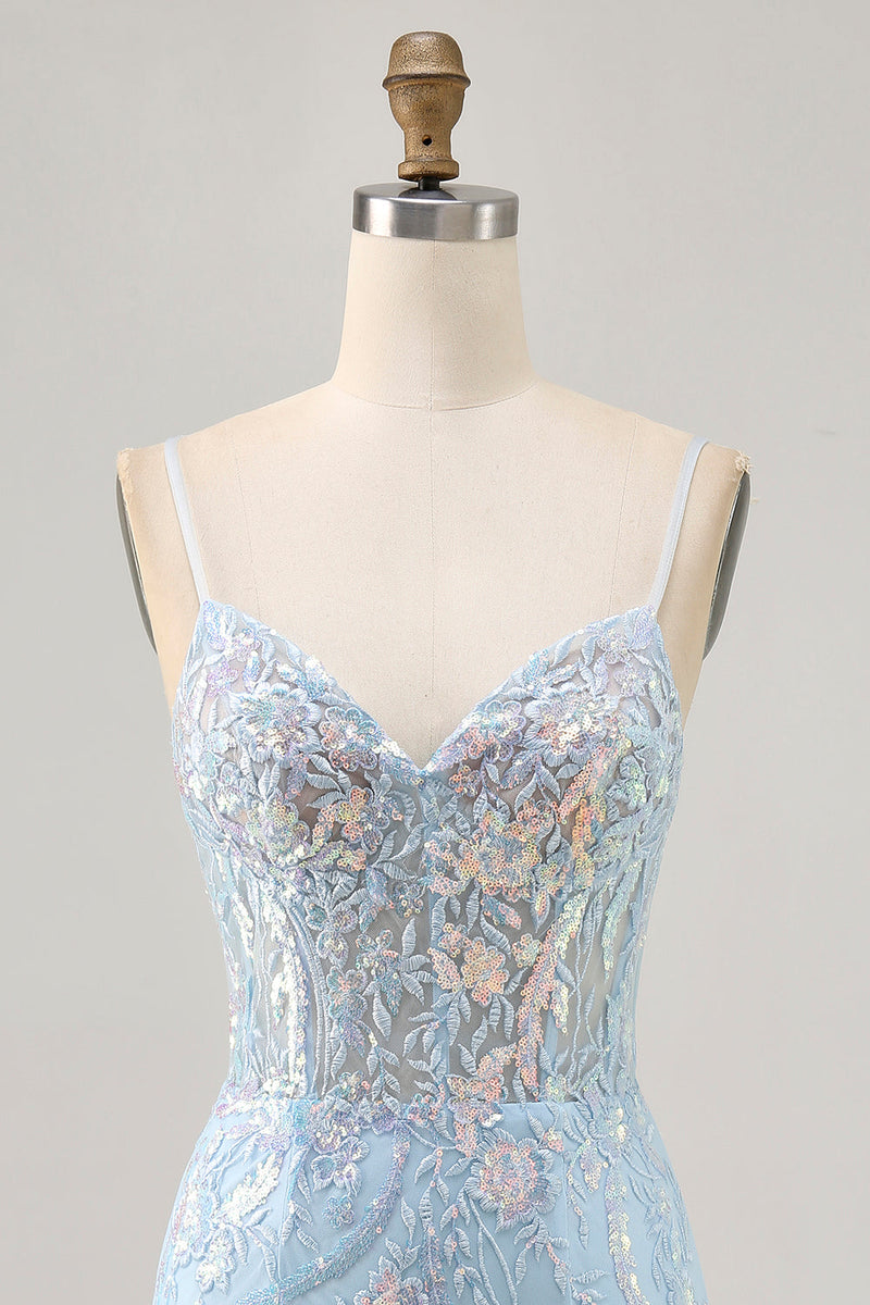 Load image into Gallery viewer, Sparkly Light Blue Short Tight Corset Lace Prom Dress