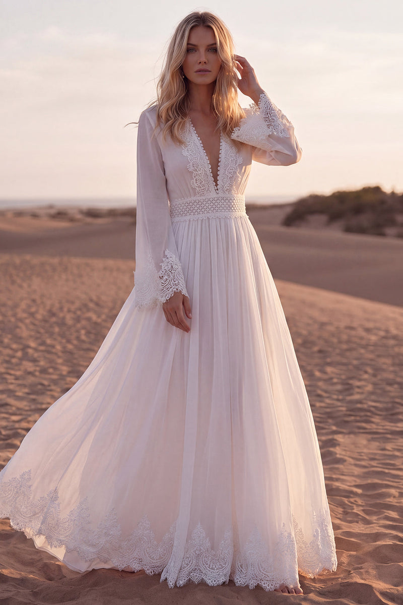 Queendancer Women White Maxi Beach Western Wedding Dress with Lace Long  Sleeves A Line V-Neck Boho Dress  queendanceruk