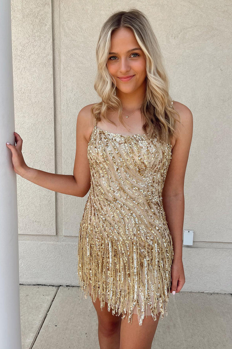 Queendancer Women Glitter Golden Sequins Short Prom Dress with Tassels Spaghetti Straps Tight Cocktail Dress queendanceruk Queendancer Women Glitter Golden Sequins Short Prom Dress with Tassels Spaghetti Straps Tight Cocktail Dress queendanceruk