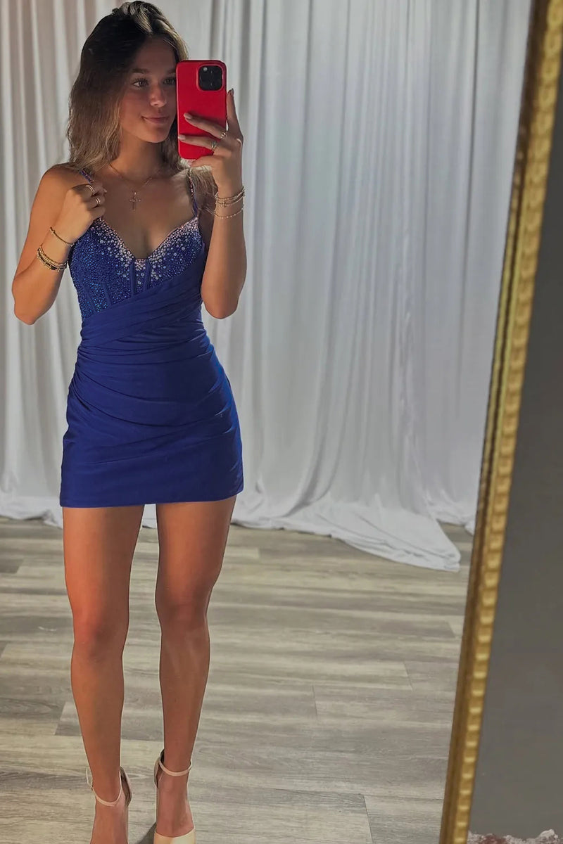 Load image into Gallery viewer, Sparkly Royal Blue V Neck Corset Bodycon Short Prom Dress with Beading
