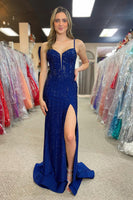 Load image into Gallery viewer, Sparkly Black Mermaid Spaghetti Straps Long Prom Dress with Slit