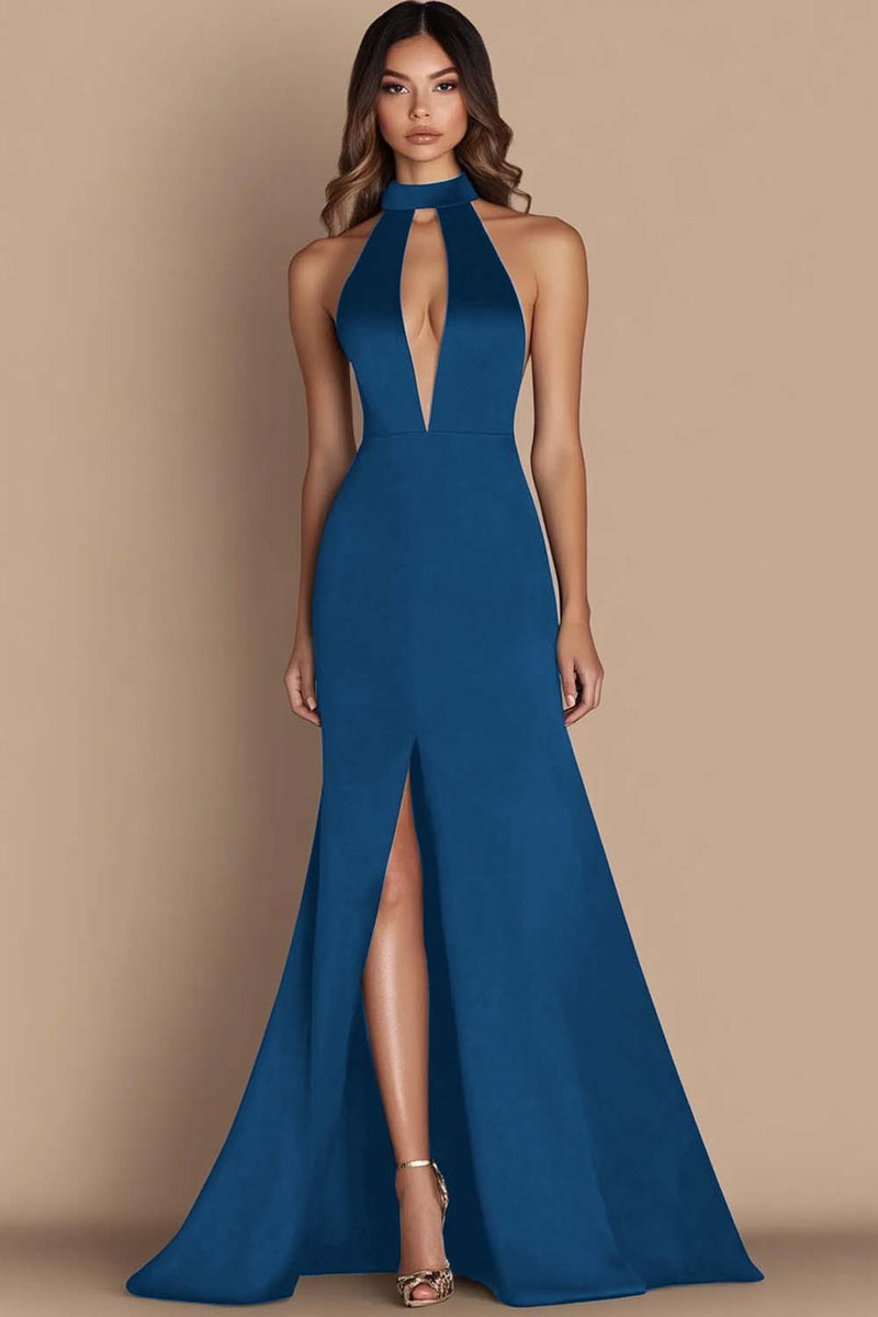 Load image into Gallery viewer, Ink Blue Halter Simple Satin Keyhole Long Tie Dress with Slit