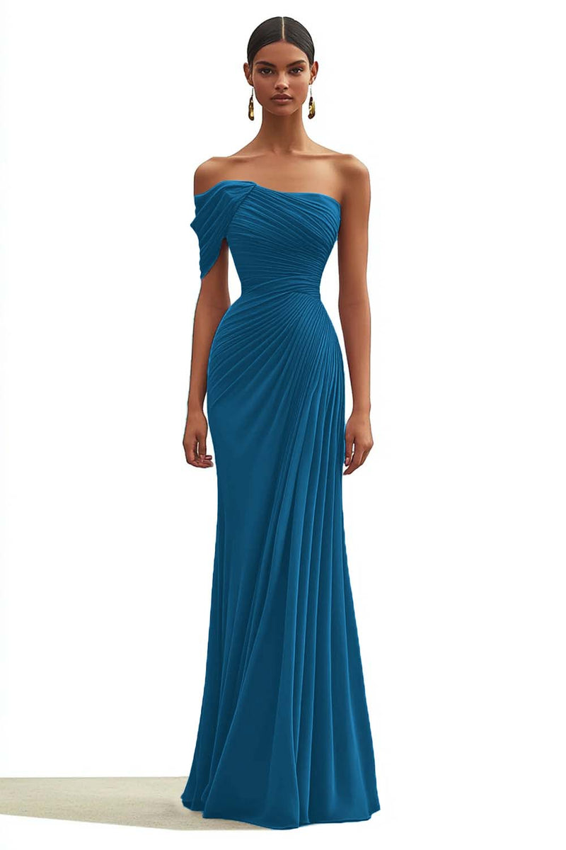 Load image into Gallery viewer, Ink Blue Sheath One Shoulder Pleated Long Formal Dress